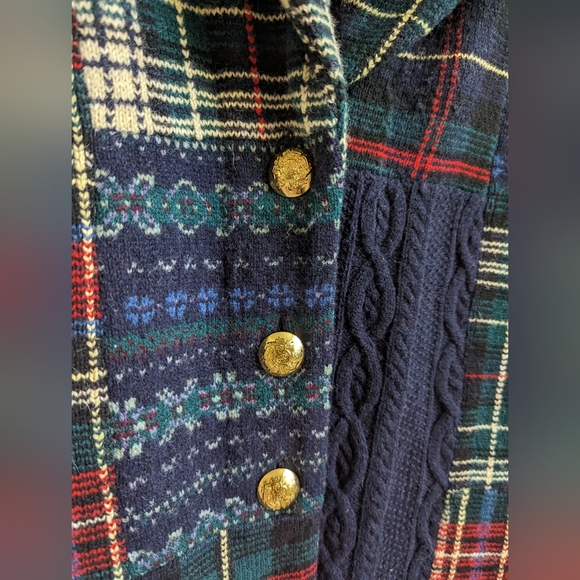 Lauren Ralph Lauren Patchwork Wool Cardigan Gold Buttons Plaid Tartan - Picture 3 of 6